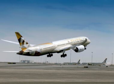 Etihad Airways Boeing Dreamliner B787 aircraft takes off from the runway at airport