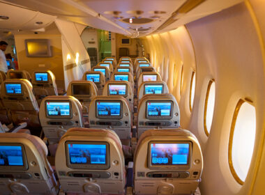 interior shot of lower deck in Emirates Airbus A380